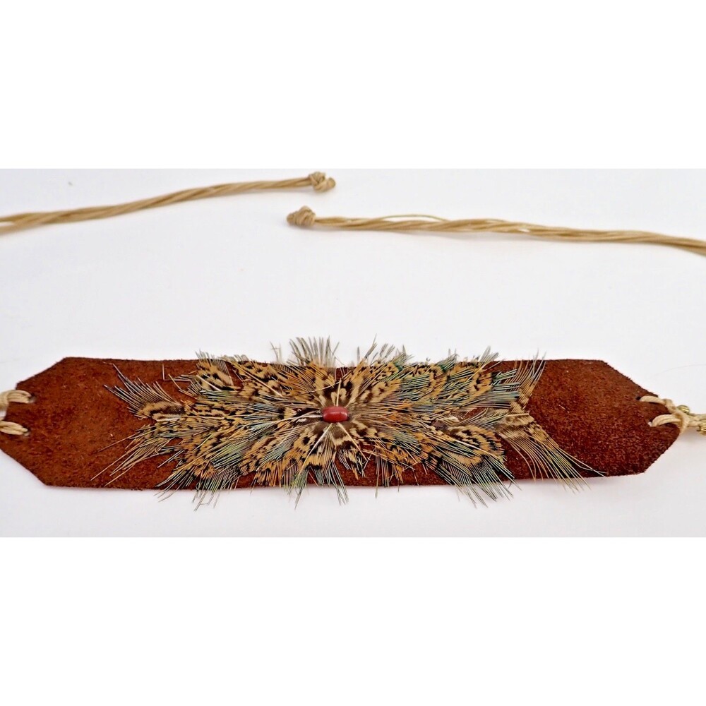 Western Feather Cowboy Hatband on Leather with Beaded Macrame Ties Adjustable